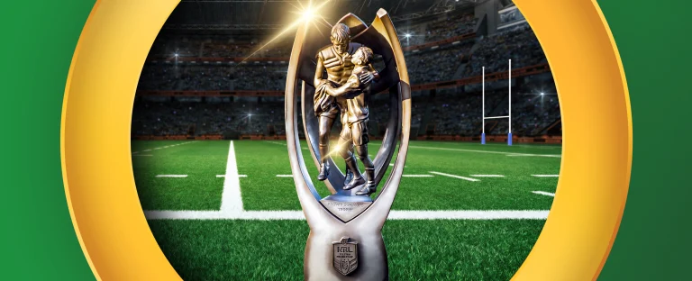 nrl trophy features on a pitch on a yellow and green background