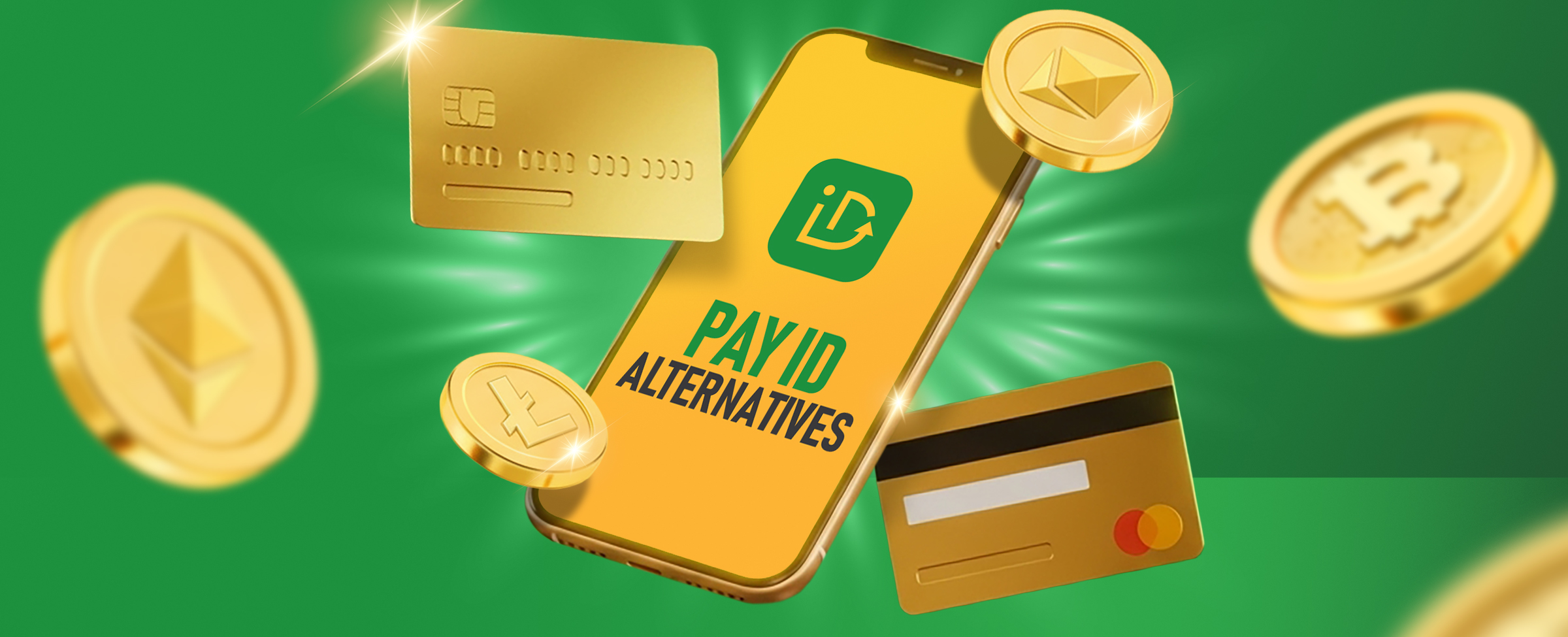 A golden smartphone with the text “PayID Alternatives” on its screen surrounded by floating golden credit cards and cryptocurrency coins, including Bitcoin, Ethereum, and Litecoin, set against a glowing green background.