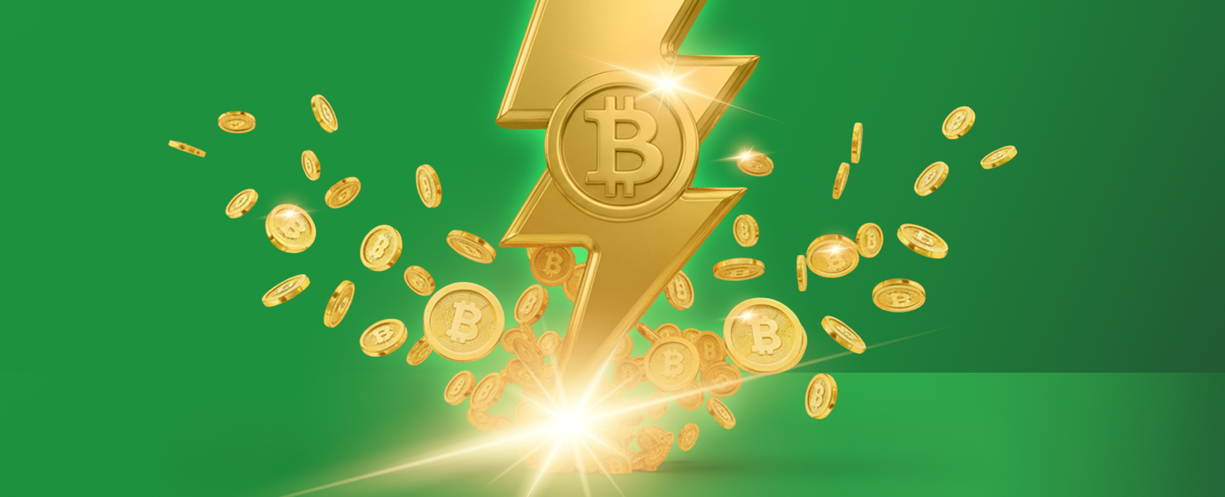 A golden lightning bolt with a Bitcoin symbol striking the ground, scattering glowing gold Bitcoin coins, on a bright green background.