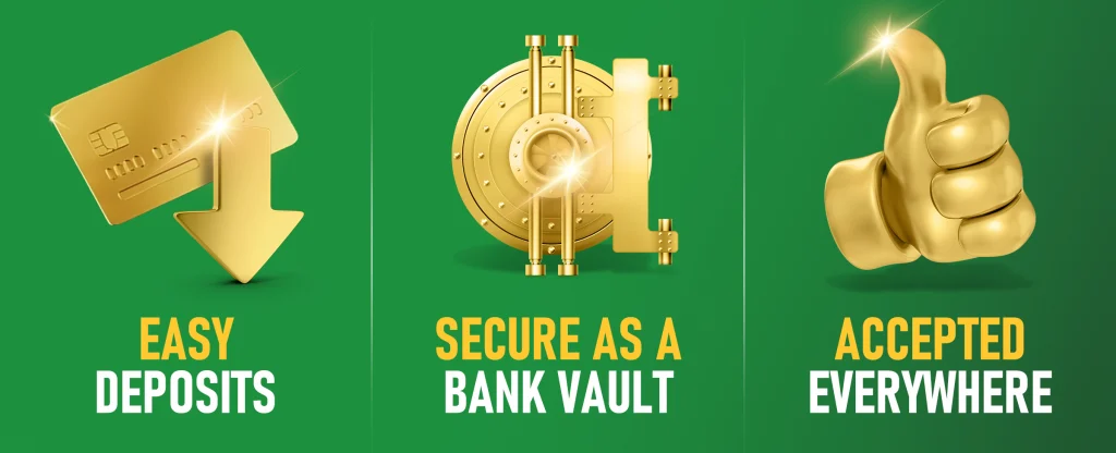 Three golden icons on a green background: a card with a downward arrow with the title “Easy
deposits”, a secure bank vault door with the title “Secure as a Bank Vault”, and a thumbs-up hand with the title “Accepted Everywhere”.