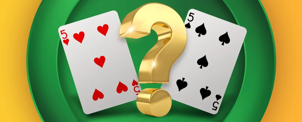 Two playing cards, the 5 of hearts and 5 of spades, displayed with a large golden question mark in the centre on a bright green and yellow background.