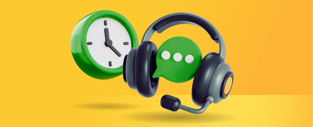 A 3D illustration of a green and white clock, a black headset with microphone, and a green chat bubble with three white dots, symbolising 24/7 customer support and live chat assistance. All on a bright yellow background. 