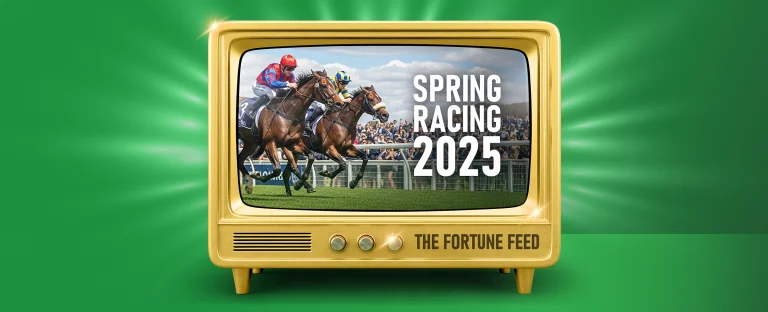 A golden retro television showing a horse race with jockeys riding at full speed with text on the screen that reads “Spring Racing 2025,” while “The Fortune Feed” is printed on the TV frame. All on a bright green background.