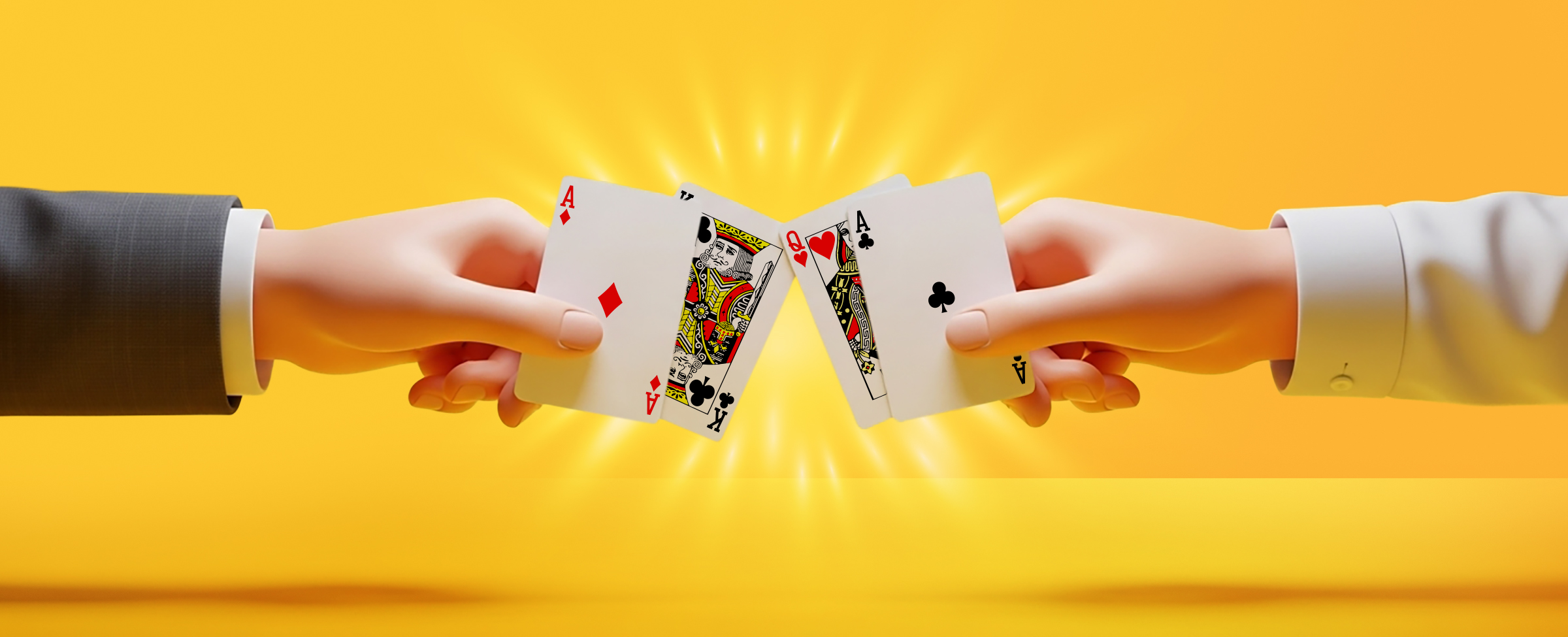 Two different hands on either side hold playing cards on a bright yellow background, showing an Ace of Diamonds, King of Clubs, Queen of Hearts, and Ace of Clubs, representing a push in blackjack.