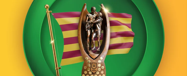 The NRL Premiership Trophy in front of a maroon and gold flag on a green and gold background.