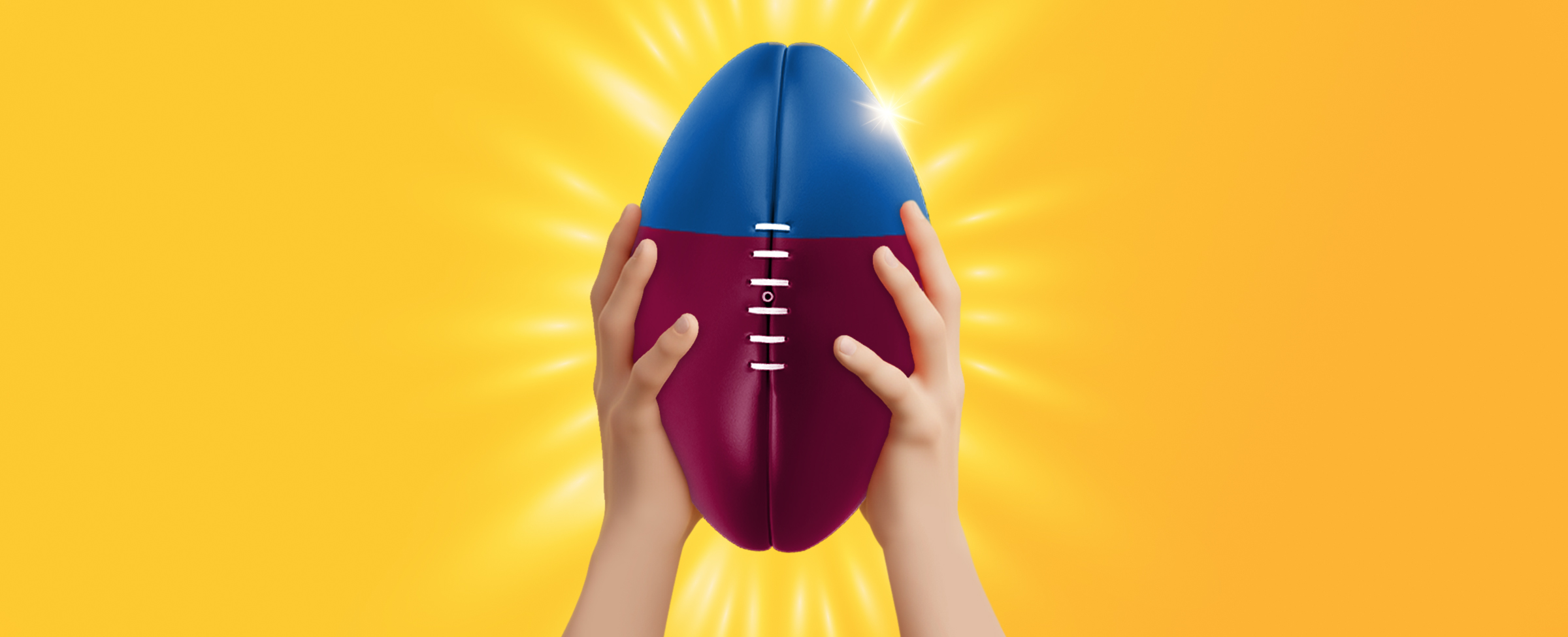 Hands holding a maroon and blue AFL football against a glowing yellow background.