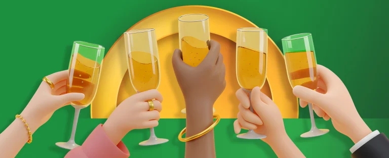 Five hands holding champagne glasses in a toast, set against a green background with a golden circular accent.