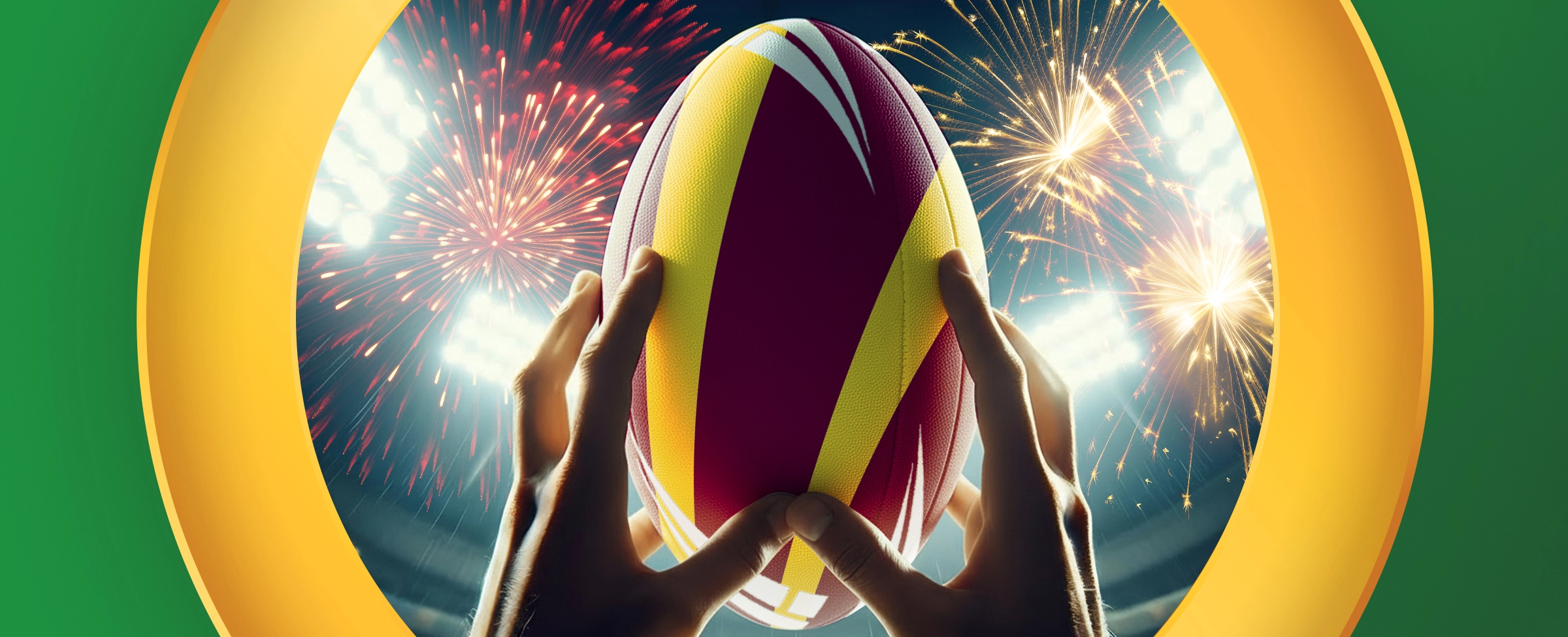 Hands hold a rugby ball under fireworks at NRL Finals 2025, capturing the thrill of the game.