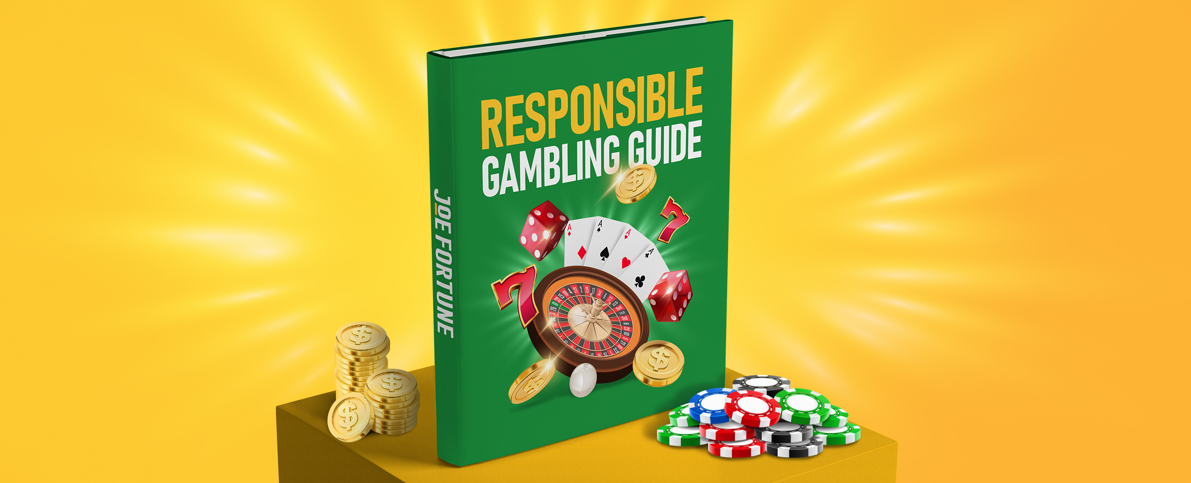 A green book titled “Responsible Gambling Guide” by Joe Fortune standing on a yellow surface with golden coins and colourful poker chips beside it, against a bright yellow glowing background.