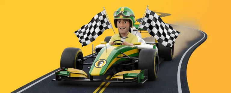 A 3D illustration of a smiling race car driver wearing a green and yellow helmet, driving a green and yellow Formula 1 car with checkered flags waving behind on a winding road against a bright yellow background.