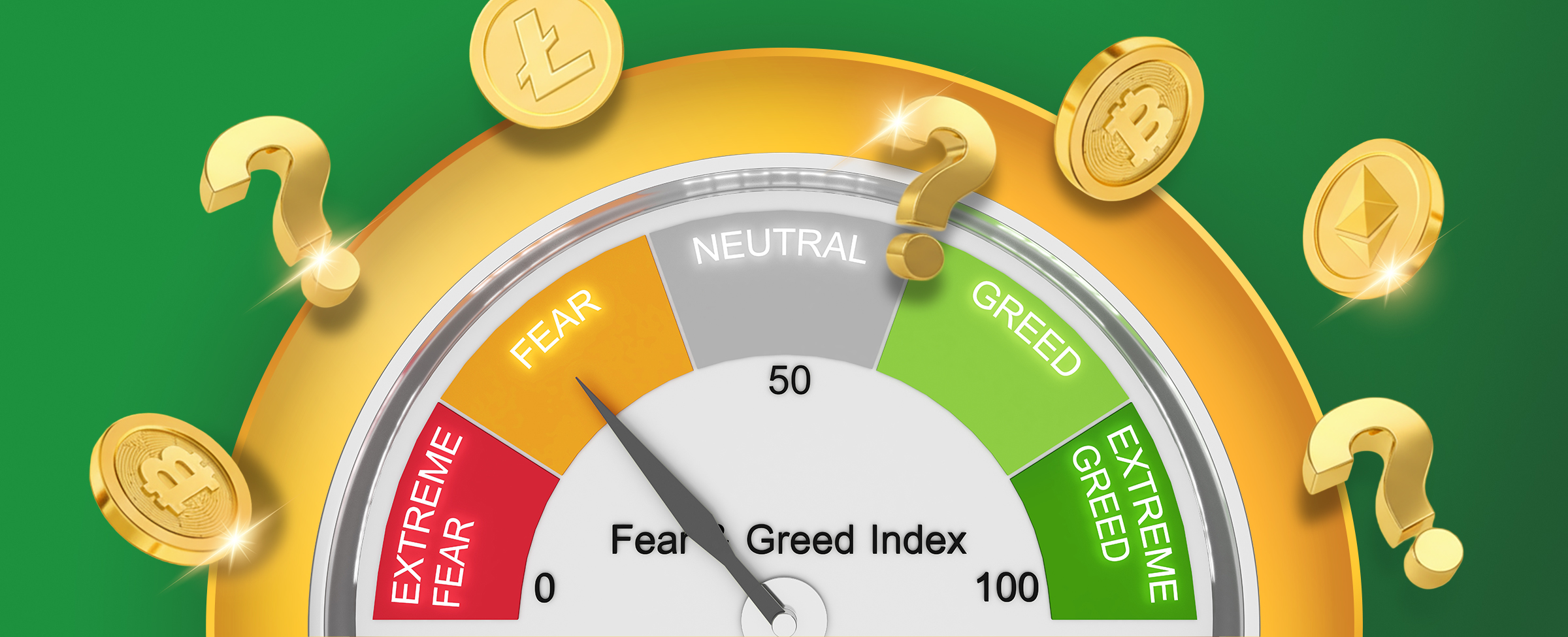 A 3D illustration of a “Fear and Greed Index” gauge with a needle pointing toward the “Fear” section. The gauge ranges from “Extreme Fear” in red to “Extreme Greed” in green, surrounded by floating gold question marks and cryptocurrency coins like Bitcoin, Ethereum, and Litecoin on a green background.