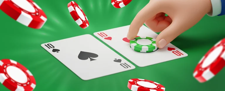 A 3D illustration of a hand placing a green poker chip on two playing cards, the 10 of spades and the 10 of hearts, with red and white poker chips scattered around on a bright green background.