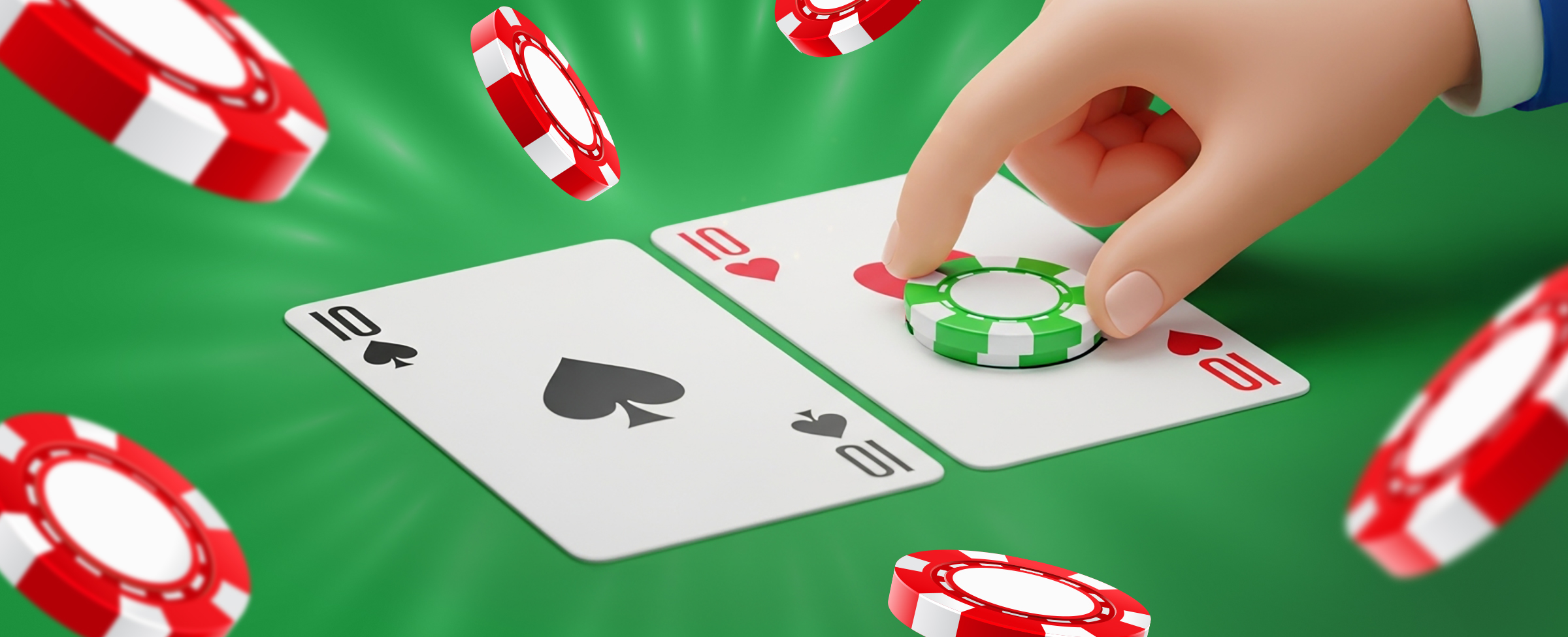 A 3D illustration of a hand placing a green poker chip on two playing cards, the 10 of spades and the 10 of hearts, with red and white poker chips scattered around on a bright green background.
