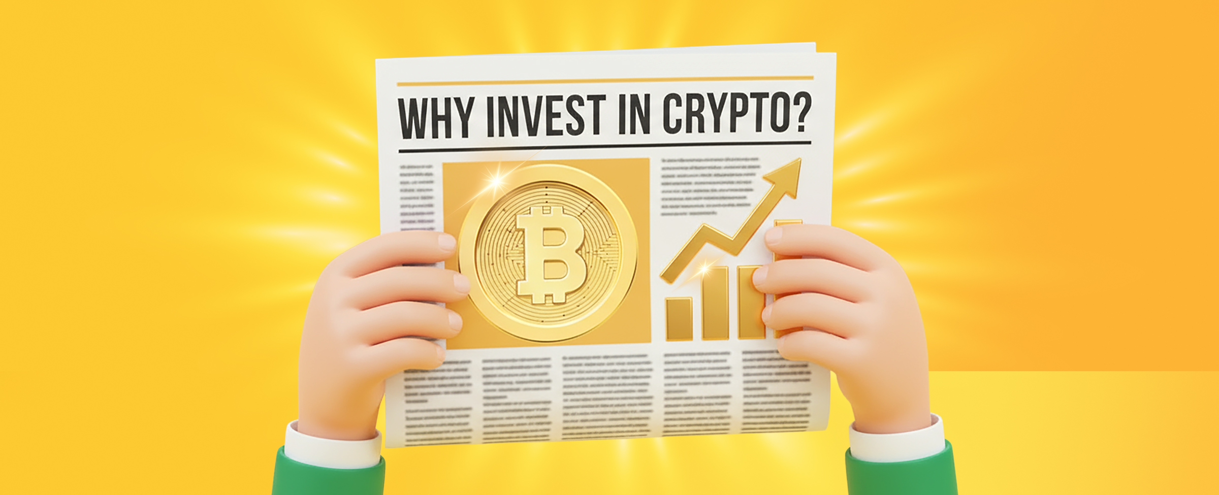 A 3D illustration of hands holding a newspaper with the headline “Why Invest in Crypto?” showing a large gold Bitcoin symbol and an upward trending graph on a bright yellow background.