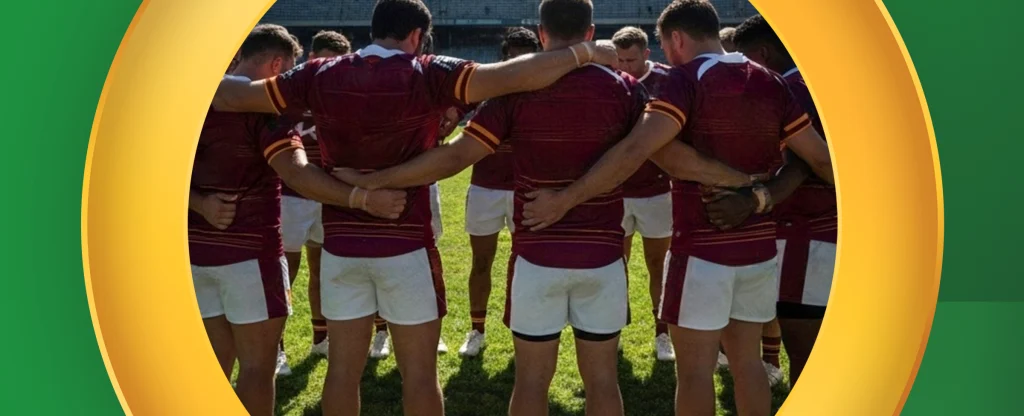 Brisbane Broncos rugby league players in a team huddle on the field, showing unity, teamwork, and commitment before a match.