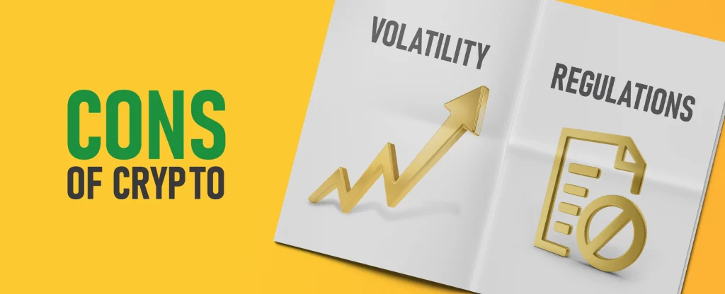 An open magazine or booklet with two pages showing golden 3D icons. A jagged upward arrow labeled “Volatility” and a document icon with a prohibition symbol labeled “Regulations.” On the left, large text reads “Cons of Crypto” on a bright yellow background.