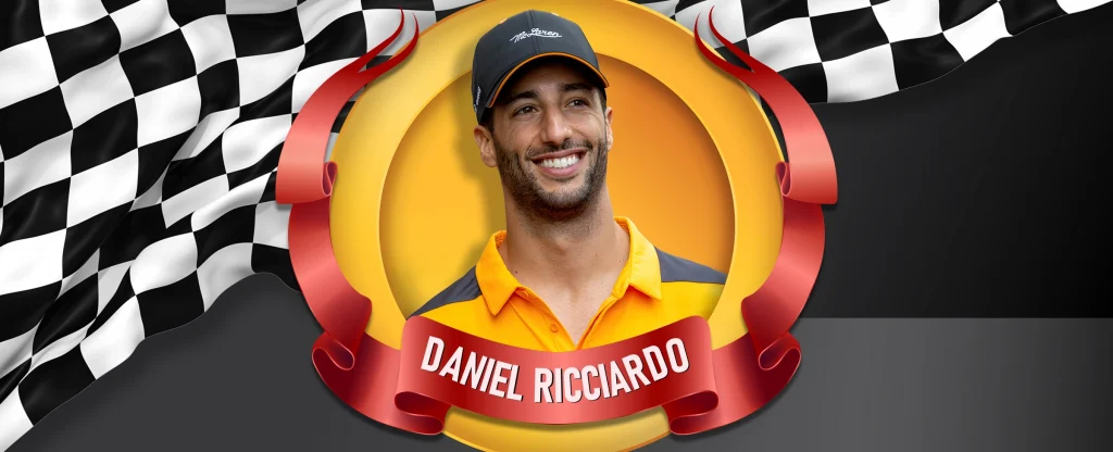 A photo of Daniel Ricciardo smiling in a yellow and black racing shirt and cap framed by a golden circle with a red ribbon labelled “Daniel Ricciardo,” with black and white checkered racing flags in the background.