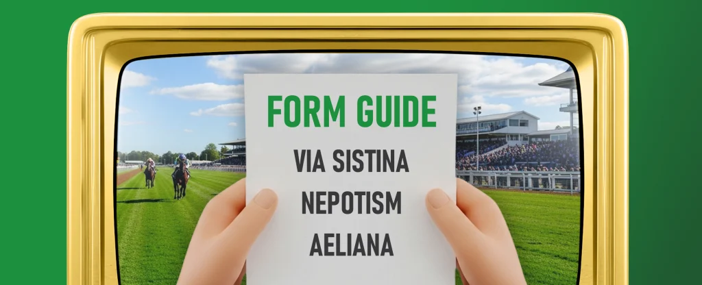 A 3D illustration of a person holding a race form in front of a horse racing track with horses running and spectators in the stands. The form reads “Form Guide” in green text, listing “Via Sistina,” “Nepotism,” and “Aeliana.” The scene is framed by a golden television on a bright green background.