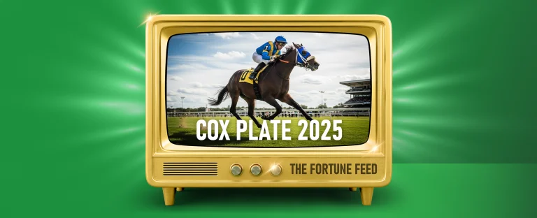 A golden retro television displaying a horse race scene with a jockey in blue and yellow silks riding a horse mid-gallop on a racetrack. The screen text reads “Cox Plate 2025,” and below the TV, the words “The Fortune Feed” are written. The background is bright green with light rays radiating from behind the TV.