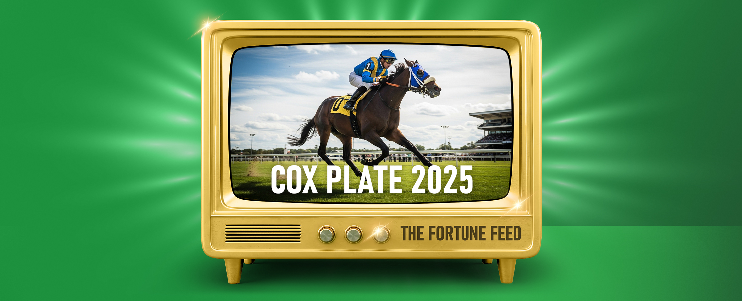 A golden retro television displaying a horse race scene with a jockey in blue and yellow silks riding a horse mid-gallop on a racetrack. The screen text reads “Cox Plate 2025,” and below the TV, the words “The Fortune Feed” are written. The background is bright green with light rays radiating from behind the TV.