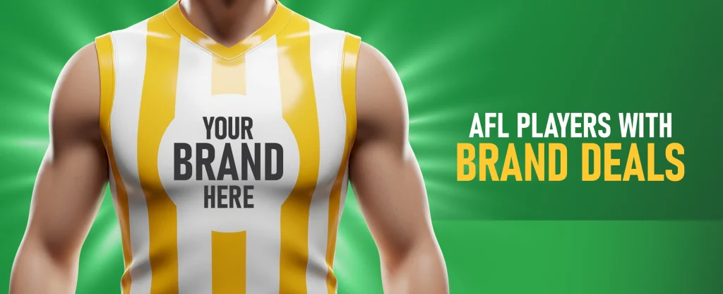 A close up of a 3D illustrated AFL player wearing a sleeveless yellow and white striped jersey with the words “Your Brand Here” printed on the chest, set against a bright green background with the text “AFL Players with Brand Deals.”