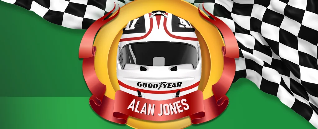 A white racing helmet with “Goodyear” branding and the name “Alan Jones” displayed on a red ribbon, surrounded by checkered flags and a gold circular frame on a bright green background.