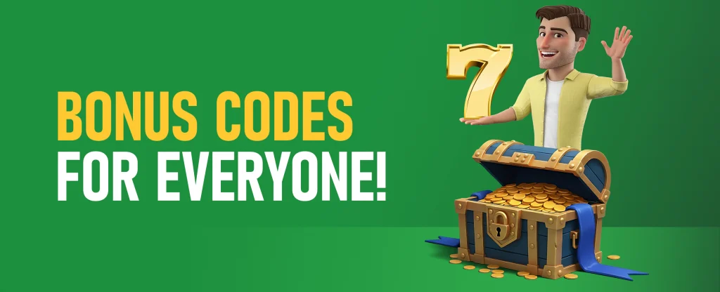 Bold yellow and white text that reads “BONUS CODES FOR EVERYONE!” and a smiling animated Joe Fortune character in a yellow shirt stands with raised arms beside a large golden number 7 and an overflowing treasure chest filled with gold coins. All on a bright green background.