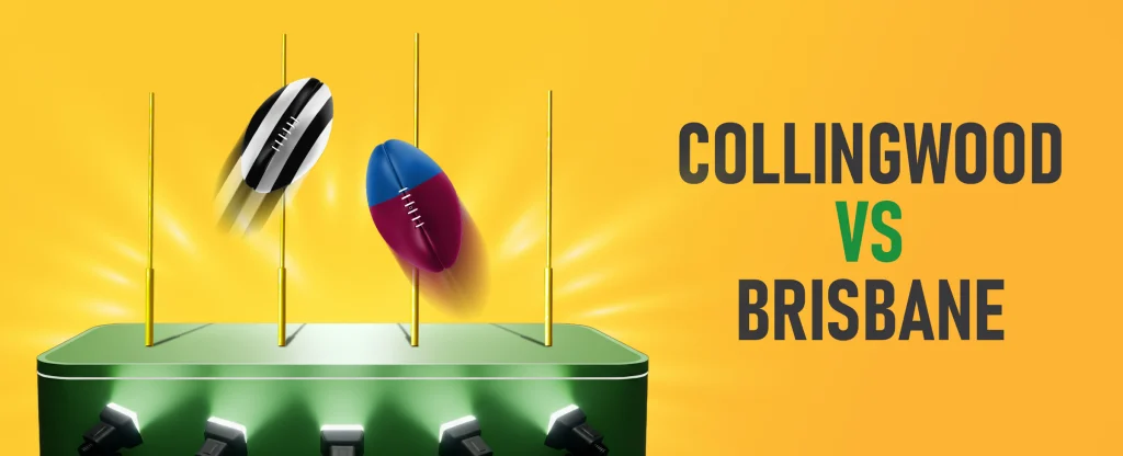 AFL Collingwood Magpies vs Brisbane Lions match preview with team footballs and goalposts on yellow background.