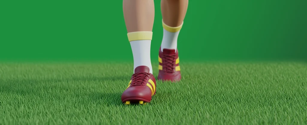 Close-up of a player’s legs wearing maroon and gold football boots and white socks walking on green grass.