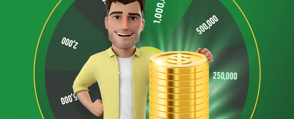 A 3D animated Joe Fortune character smiling in a yellow shirt standing in front of a large green prize wheel marked with values from 2,000 to 1,000,000. He's holding a tall stack of shiny golden coins with a dollar symbol on top.