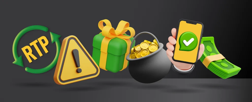 An illustration of casino related icons on a dark background, including an RTP symbol, a caution sign, a wrapped gift box, a pot of gold coins, a smartphone with a green check mark, and a stack of cash.