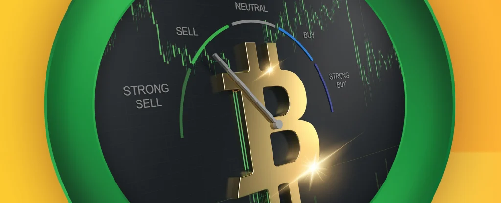 A 3D illustration of a Bitcoin symbol in the center of a circular gauge showing market sentiment from “Strong Sell” to “Strong Buy.” The needle points near the “Sell” area, set against a dark background with green candlestick chart lines and surrounded by a green and yellow border.