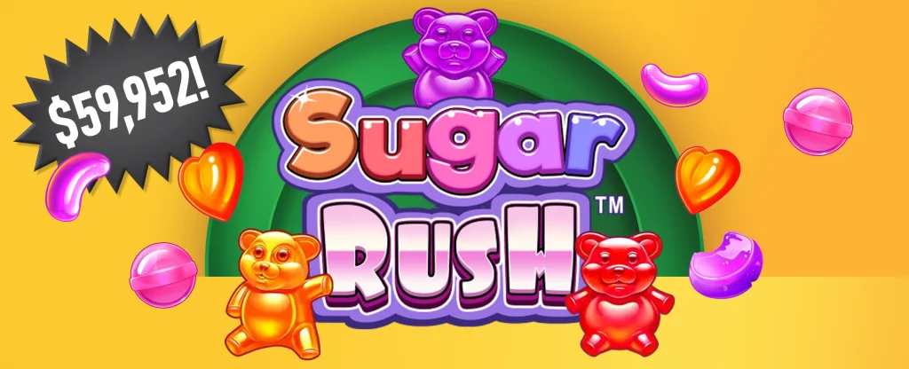 Colorful ‘Sugar Rush’ online casino game logo surrounded by colourful gummy bears and candies, with a large prize amount of $59,952 displayed in bold white text on a black burst shape.