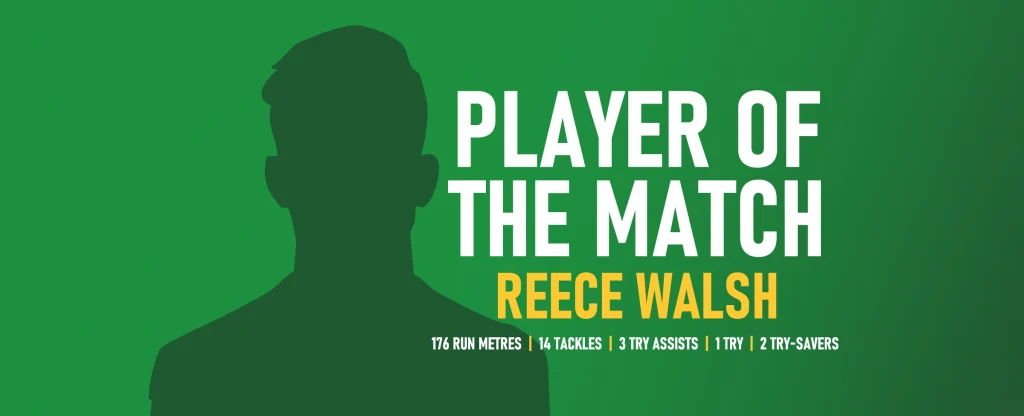 Reece Walsh named NRL Finals 2025 Player of the Match with standout stats on green backdrop.
