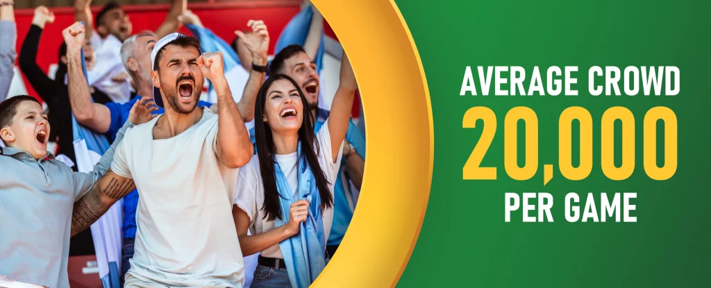 Image of a cheering crowd next to text "average crowd 20,000 per game"