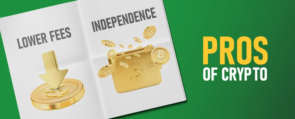 An open magazine or booklet with two pages showing golden 3D icons. A downward arrow over a dollar sign labeled “Lower Fees” and a Bitcoin wallet surrounded by coins labeled “Independence.” To the right, bold yellow and white text reads “Pros of Crypto” on a bright green background.