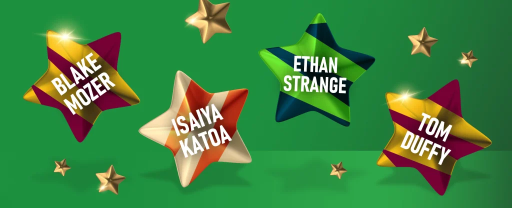 Colourful star graphics on a green background featuring the names of NRL rising stars Blake Mozer, Isaiya Katoa, Ethan Strange, and Tom Duffy, each in team-themed colours.