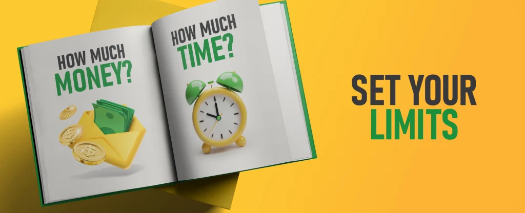 An open book showing two pages. One with the text “How much money?” and an image of an envelope filled with cash and coins, and the other with “How much time?” beside a green and yellow clock. The phrase “Set your limits” appears to the right on a bright yellow background.