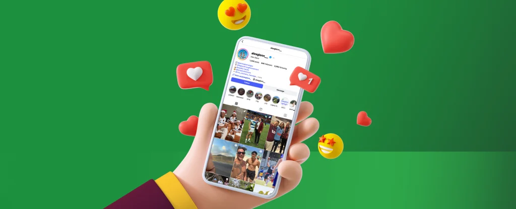 Smart-phone displaying a rugby player’s Instagram profile surrounded by heart and emoji icons