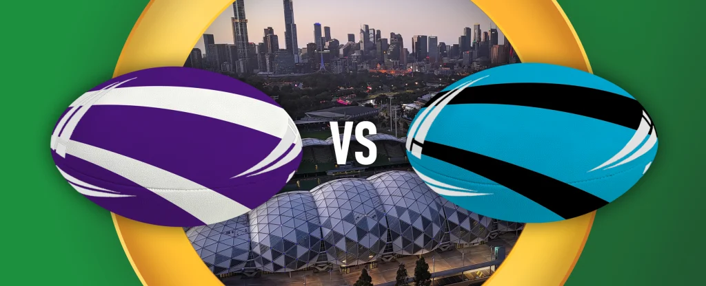 NRL Finals 2025 match graphic of Melbourne Storm vs Cronulla Sharks at AAMI Park in Melbourne.