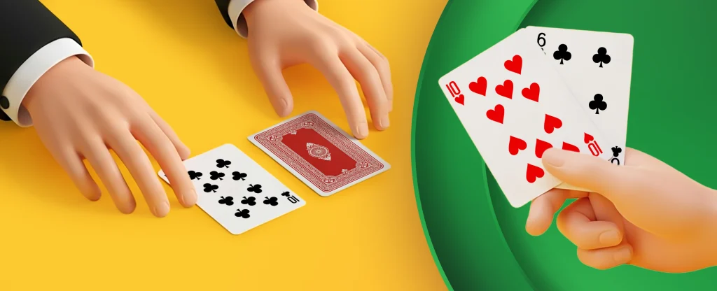 A dealer’s hand reveals a 10 of clubs with a face-down card on a yellow table, while a player’s hand holds a 10 of hearts and a 6 of clubs.