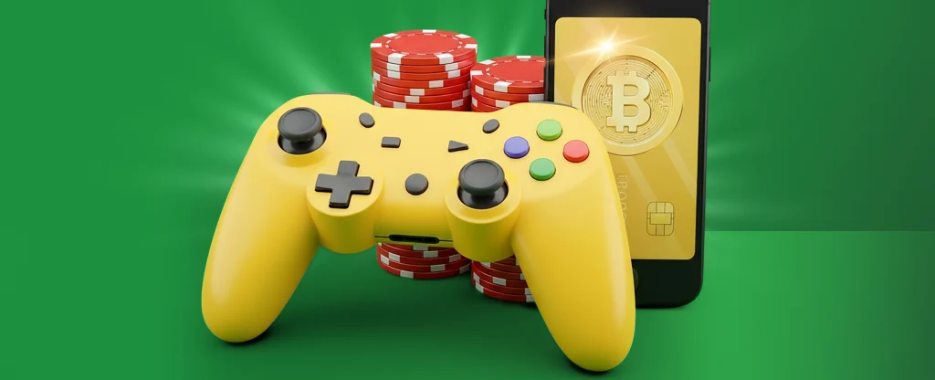 A yellow video game controller sitting in front of red and white poker chips and a smartphone with a golden Bitcoin card on the screen, on a bright green background