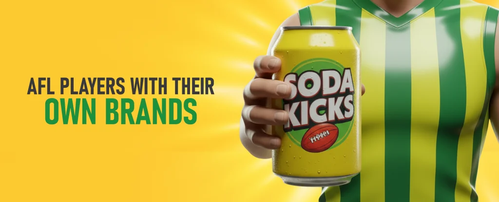 A close up of a 3D Illustrated AFL player wearing a green and yellow striped jersey holding a yellow soda can labeled “Soda Kicks,” with bold text beside it reading “AFL Players with Their Own Brands” on a bright yellow background.