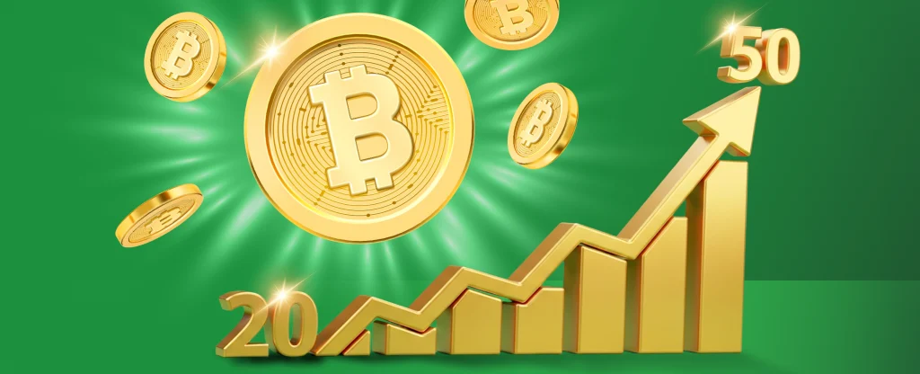 A 3D illustration of golden Bitcoin coins floating above a rising gold bar graph with an arrow pointing upward from 20 to 50, symbolising market growth and increasing cryptocurrency value, set against a bright green background.