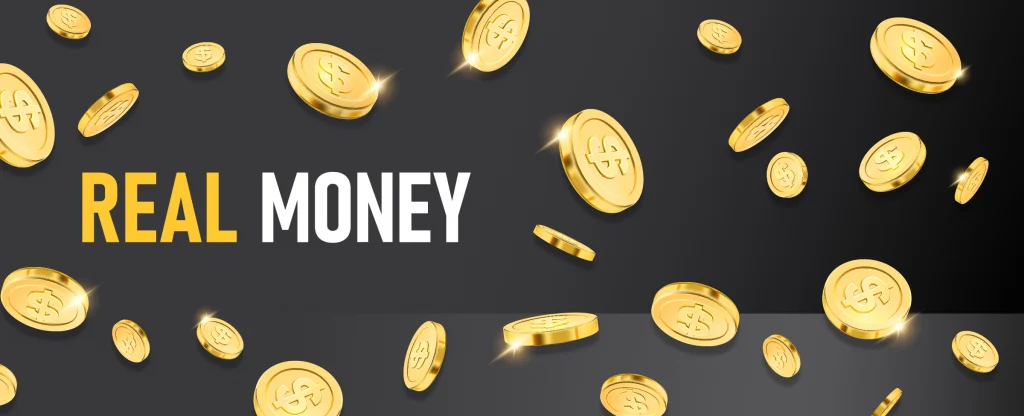 Gold coins with dollar signs scatter across a dark background with the bold text ‘REAL MONEY’ in yellow and white.