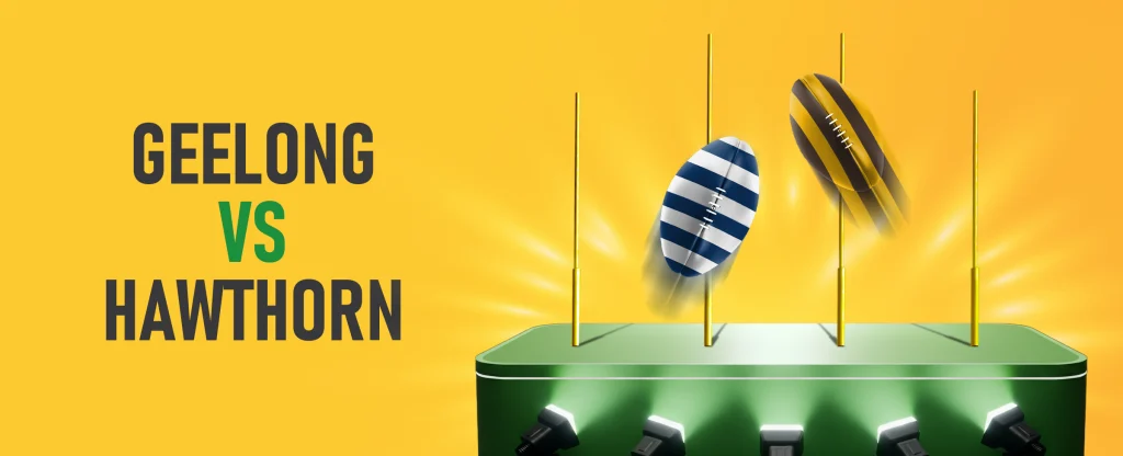 AFL Geelong Cats vs Hawthorn Hawks match graphic with team footballs flying through goalposts, bright finals promo.