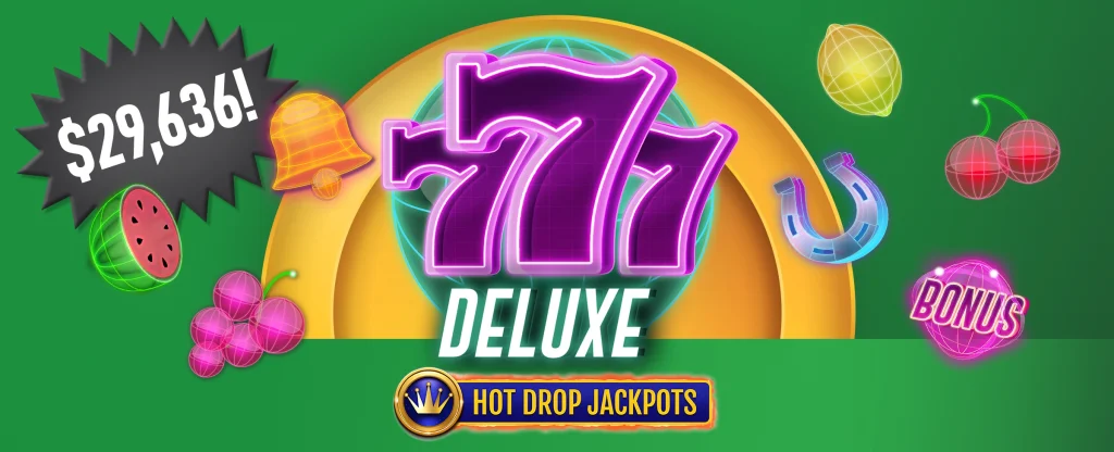 Bright neon “777 Deluxe” casino game logo surrounded by glowing fruit and lucky symbols, with a large $29,636 jackpot amount displayed on a black burst shape.