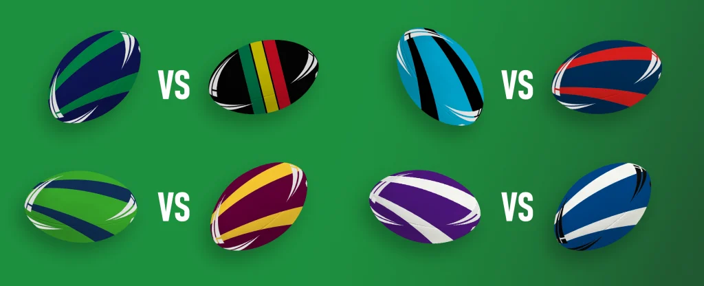rugby balls in different team colours