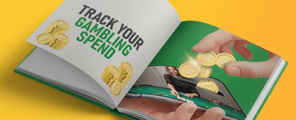 An open book showing the text “Track your gambling spend” with stacks of gold coins on one page, and a hand dropping gold coins into a smartphone displaying a live dealer casino game on the other page on a bright yellow background.
