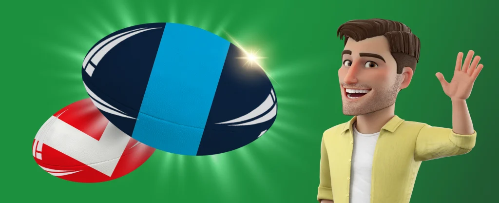 Cartoon character in yellow shirt waves beside two rugby league balls in team colours of Titans and Dolphins on a green background.